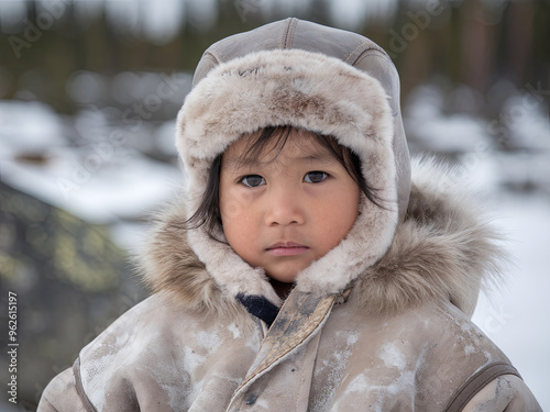 Portrait of an Inuit child in traditional sealskin clothing, Arctic regions photo