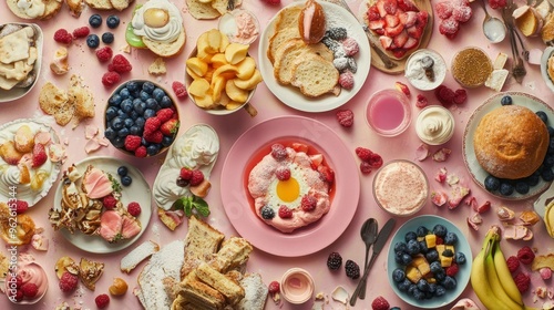 A Pink Tabletop with Leftover Sweet Treats and Fruit