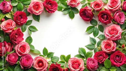 Rose flower with leaves forming a beautiful frame , botanical, floral arrangement, blooming, garden, romantic, nature, petals