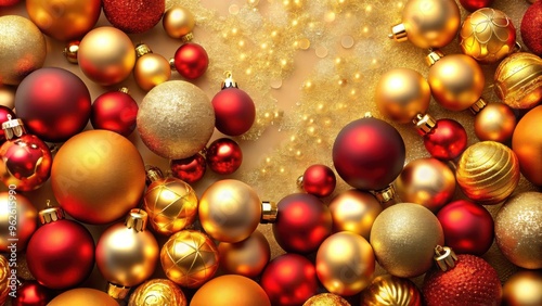 Golden and red Christmas baubles background, festive, holiday, decorations, ornaments, shiny, metallic, seasonal