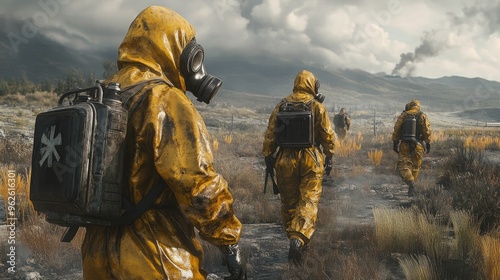 Figures in biohazard suits and gas masks move cautiously through a toxic wasteland, representing survival in a post-apocalyptic world