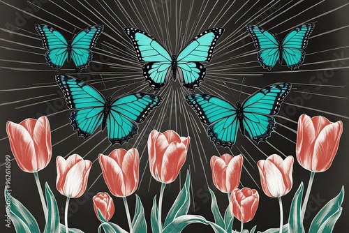 Teal Urban Morph Butterflies Flying Over Bright Tulip Flowers in Charcoal Art