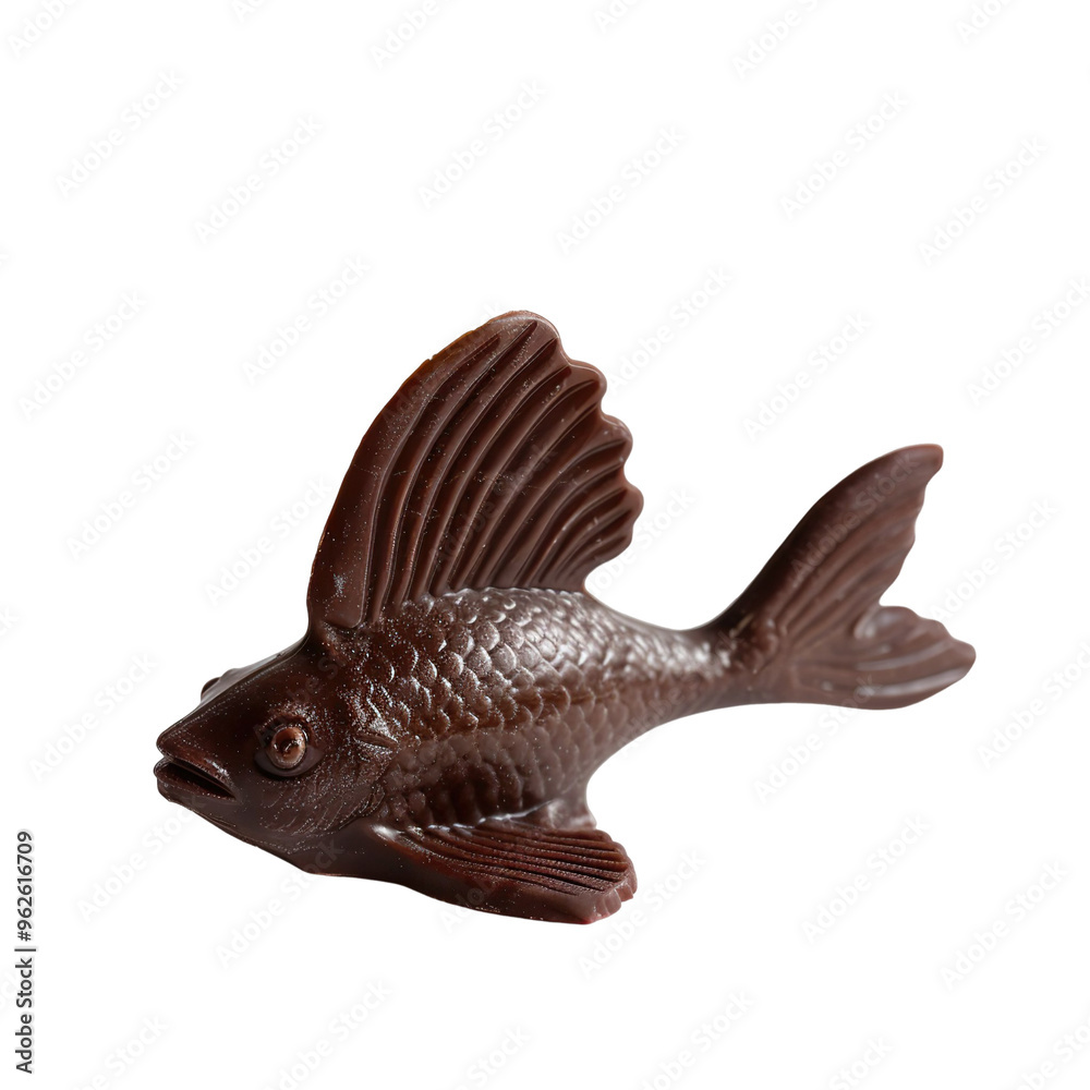 Side view of a chocolate fluke figurine swimming isolated on a white transparent background