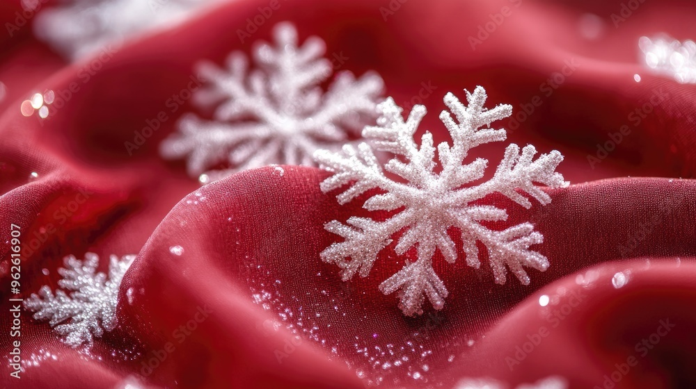 White Christmas background with a close-up of delicate snowflakes on red fabric, creating a festive holiday feel White Christmas background with a close-up of delicate snowflakes on red fabric, creating a festive holiday feel