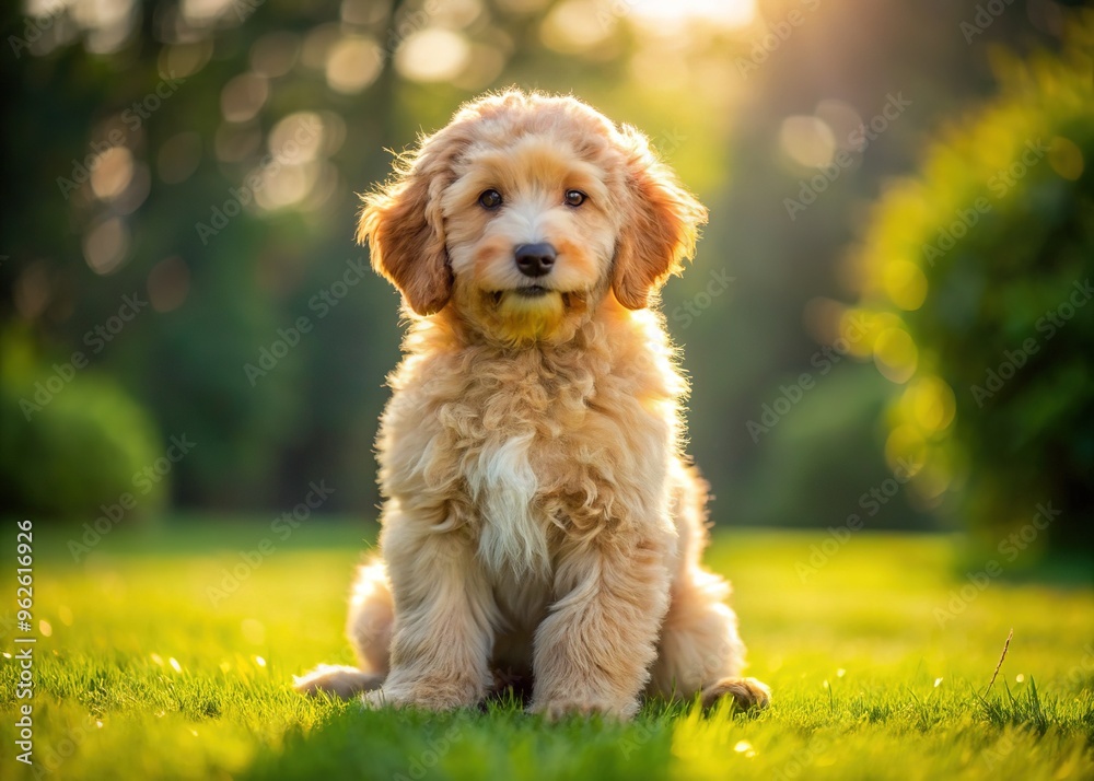Adorable cockerdoodle puppy sits on a sunny lawn, its fluffy golden fur glistening, tail wagging, and ears perked up, emitting an innocent and playful aura. Adorable cockerdoodle puppy sits on a sunny lawn, its fluffy golden fur glistening, tail wagging, and ears perked up, emitting an innocent and playful aura.