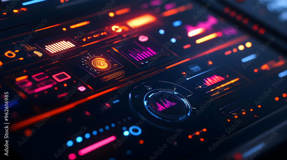 Futuristic Digital Interface with Glowing Red and Blue Lights 3D Illustration Futuristic Digital Interface with Glowing Red and Blue Lights 3D Illustration