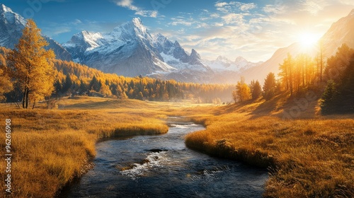 A golden grassland with towering snow-capped mountains in the distance, a stream flowing through it and trees growing on both sides of its banks. The sun shines brightly from behind