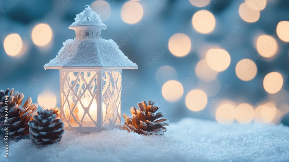 White Christmas background with a snow-covered lantern and pine cones, soft bokeh lights creating a warm atmosphere - White Christmas background with a snow-covered lantern and pine cones, soft bokeh lights creating a warm atmosphere -