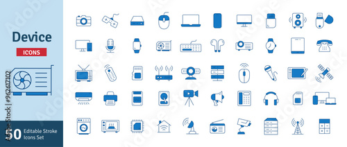 Device and Technology Blue Editable Stroke Icons Set. Smart Device, Laptop PC Computer CCTV Smartphone TV Mouse Keyboard Storage Collection Vector Illustration.
