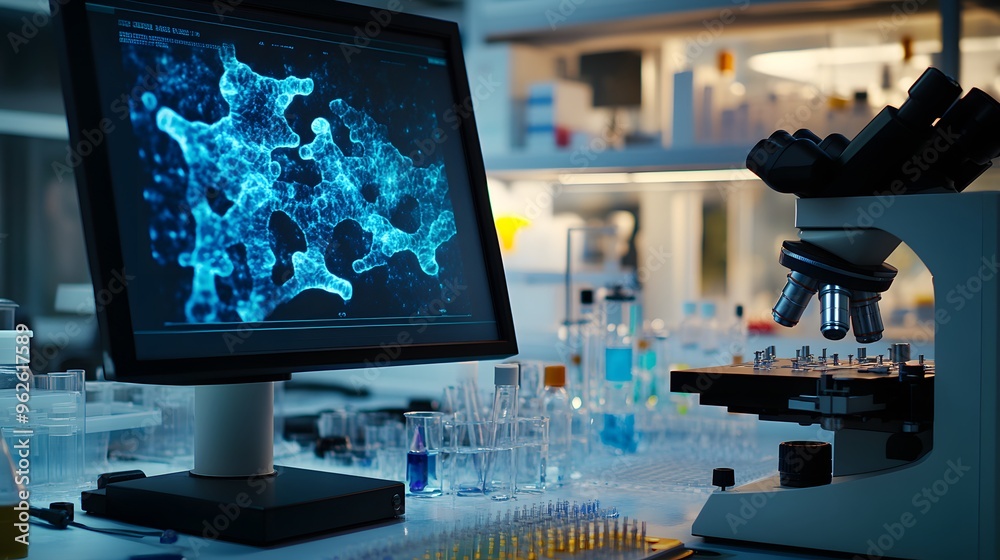 Fototapeta premium Microscope image of genetically engineered bacteria, displayed on a digital screen in a lab