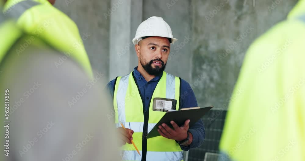 Leader, tablet and engineering with man on construction site for project management, property development and building inspection. Architecture, technology and digital blueprint with team update