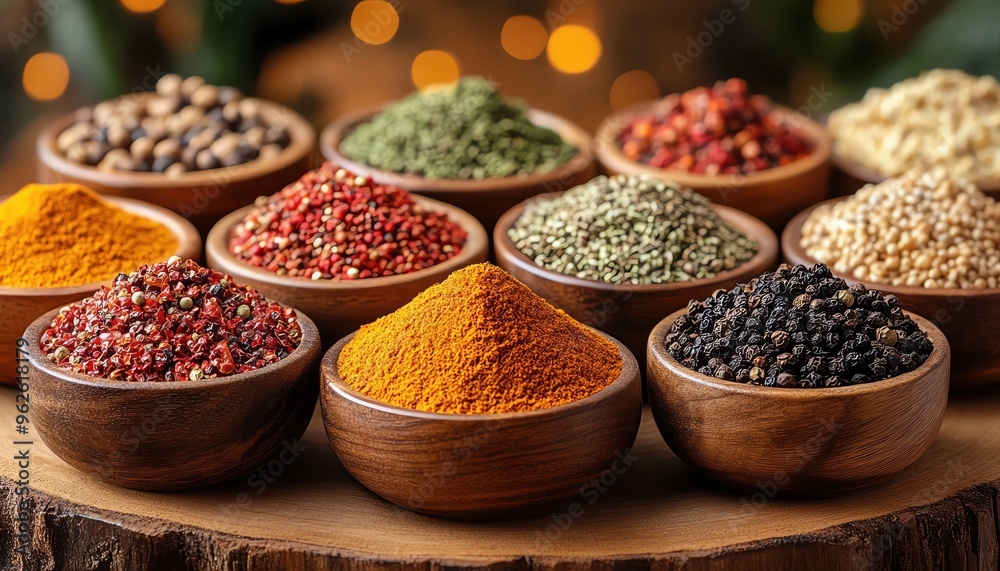 Assorted spices in wooden bowls on a rustic table, warm bokeh background Assorted spices in wooden bowls on a rustic table, warm bokeh background