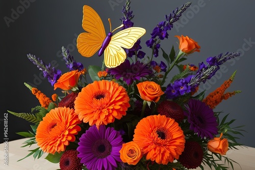 Stunning Floral Design Featuring Golden-Winged Butterfly in Bright Orange and Violet Hues