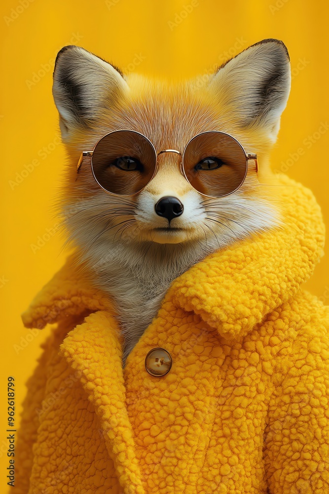 Obraz premium Fox wearing round sunglasses and a yellow coat, looking cool against a bright yellow backdrop