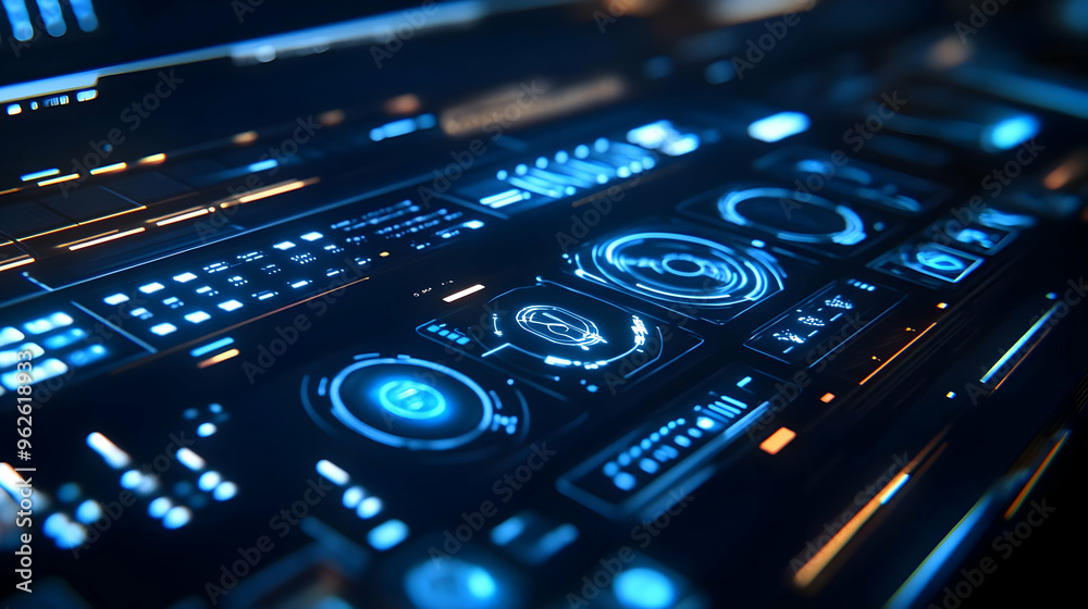 Fototapeta premium Futuristic Interface with Blue Glowing Buttons and Digital Displays 3D Illustration