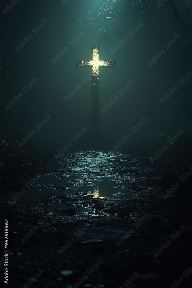Fototapeta premium Glowing cross in misty darkness, illuminating the ground below