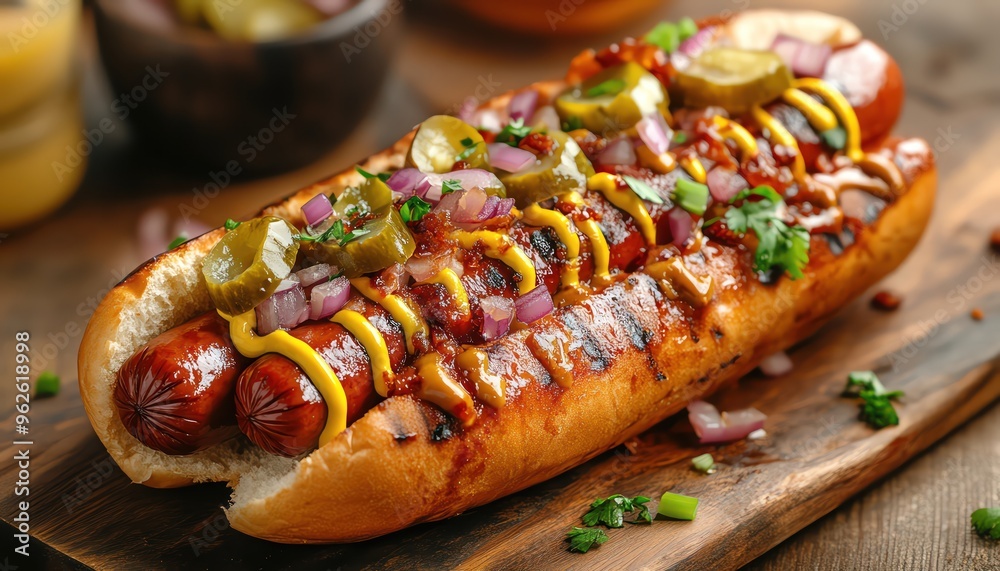 Gourmet hot dogs topped with mustard, onions, and pickles, served on a rustic wooden board Gourmet hot dogs topped with mustard, onions, and pickles, served on a rustic wooden board