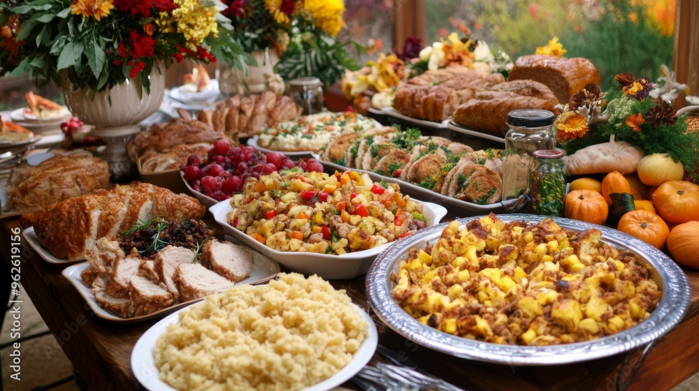 A Thanksgiving Feast Table Spread with Traditional Foods A Thanksgiving Feast Table Spread with Traditional Foods