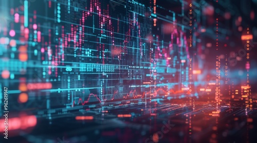 Wallpaper Mural A futuristic digital visualization of stock market trends with glowing charts and data points. The blue and red neon colors create a high-tech atmosphere, ideal for financial and technological themes. Torontodigital.ca