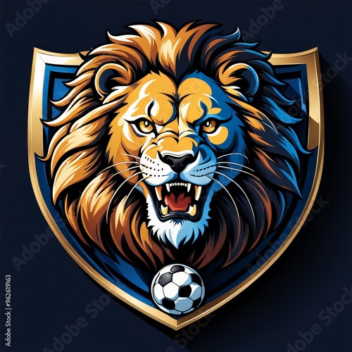 A roaring lion head with a soccer ball in front of a blue shield, perfect for a sports team mascot. photo