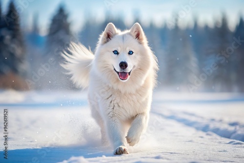 Fluffy white and gray samoyed husky mix dog with piercing blue eyes and a curled tail, running freely in a snowy winter landscape.