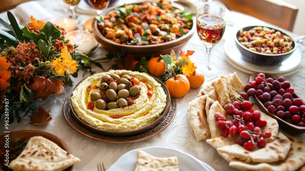 Festive Table Setting with Hummus, Olives, and Pita Bread Festive Table Setting with Hummus, Olives, and Pita Bread