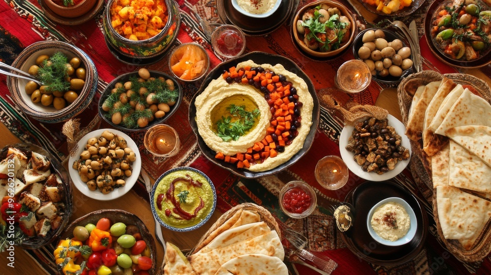 A Feast of Middle Eastern Delights: Hummus, Olives, Pita Bread, and More
