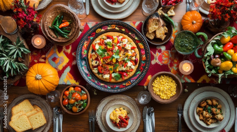 Festive Table Setting with Variety of Dishes and Decorations Festive Table Setting with Variety of Dishes and Decorations
