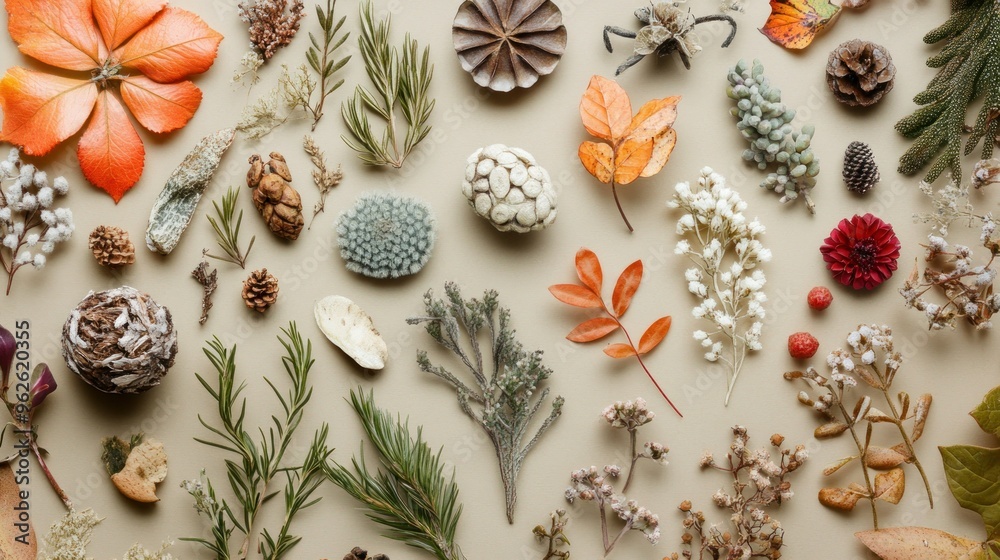Obraz premium A Collection of Dried Botanical Specimens Arranged on a Beige Surface