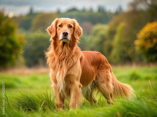 The adorable golden-brown dog, with a soft and silky coat, stands watchfully in the lush green meadow, its ears perked up.