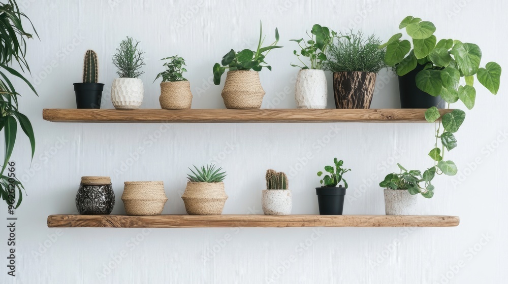 White wall with a rustic wooden shelf mounted above, displaying a small collection of houseplants. White wall with a rustic wooden shelf mounted above, displaying a small collection of houseplants.