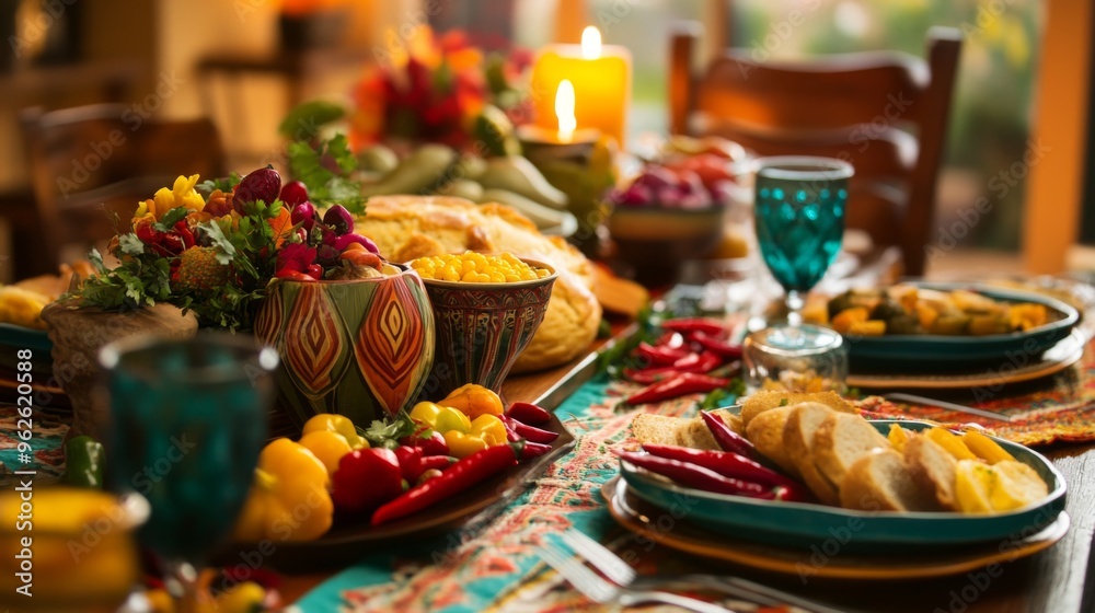 A Table Set for a Festive Dinner with Red Peppers, Bread, and Corn A Table Set for a Festive Dinner with Red Peppers, Bread, and Corn