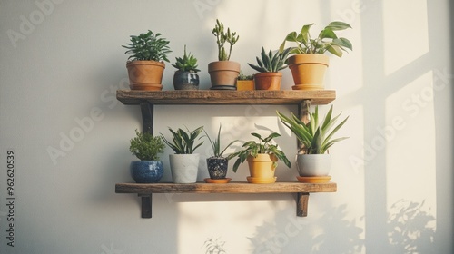 White wall with a rustic wooden shelf mounted above, displaying a small collection of houseplants.