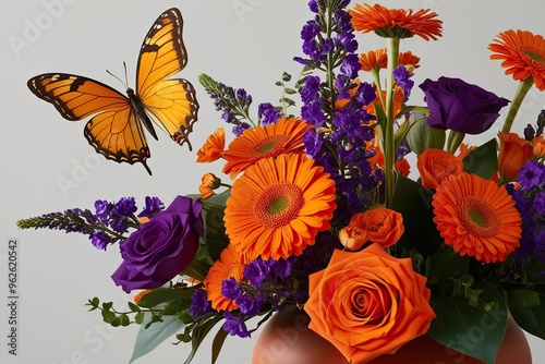 Stunning Floral Display with Golden Butterfly in Orange and Violet Tones