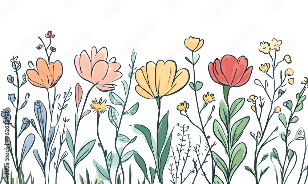2D illustrator doodle-style floral and leaf graphics on a white background or wallpaper 2D illustrator doodle-style floral and leaf graphics on a white background or wallpaper