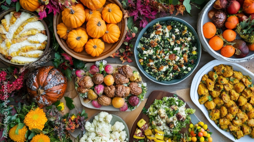 Autumnal Feast: A Table Spread of Diverse Dishes and Fruits Autumnal Feast: A Table Spread of Diverse Dishes and Fruits