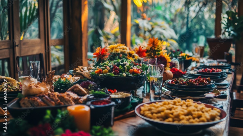 A Feast Spread on a Wooden Table with Various Dishes
