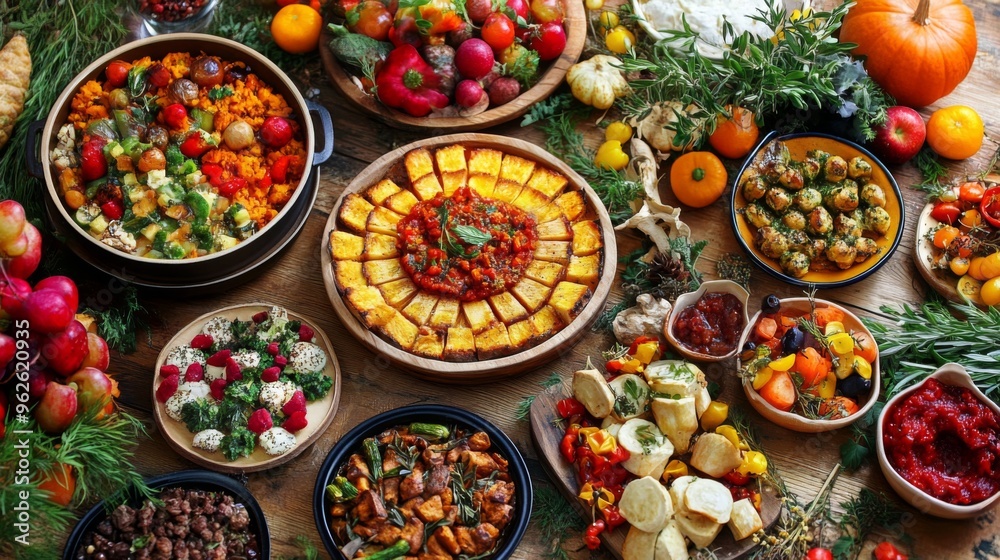 A Rustic Thanksgiving Table Spread with Various Dishes and Produce
