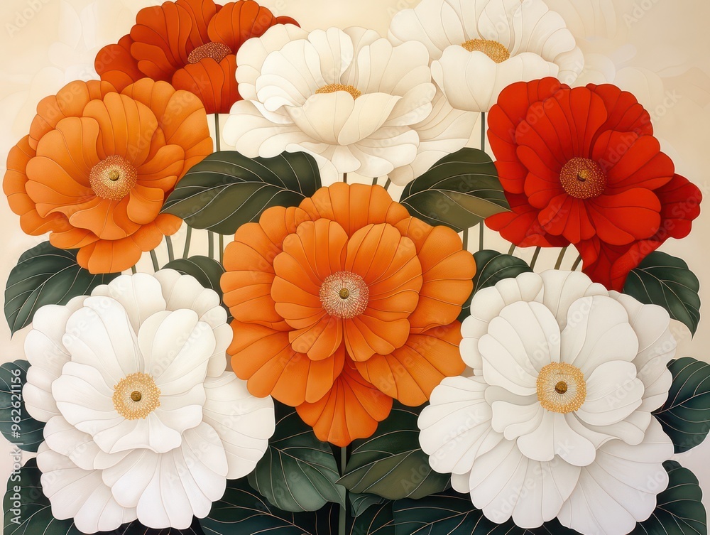 Fototapeta premium A vibrant arrangement of orange, white, and red flowers with lush green leaves, showcasing floral beauty.