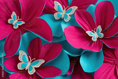 Vibrant Raspberry and Aqua Flower Petals with Elegant Butterfly Decoration
