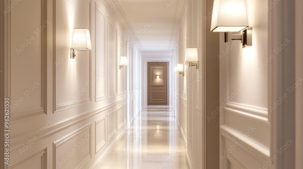 White wall with modern minimalist sconces, casting a warm and inviting light in an elegant hallway. White wall with modern minimalist sconces, casting a warm and inviting light in an elegant hallway.
