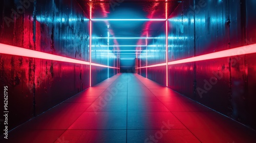 A futuristic corridor illuminated by neon lights in vibrant colors  creating a sci-fi atmosphere.