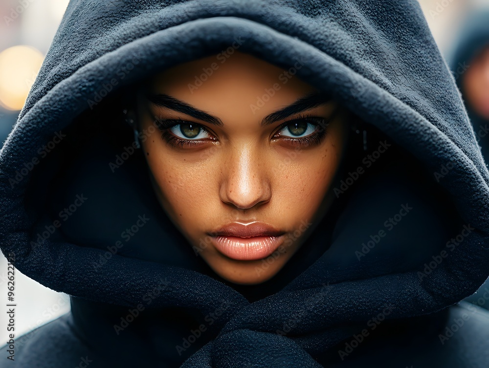 Fototapeta premium Woman with Green Eyes and Dark Hoodie