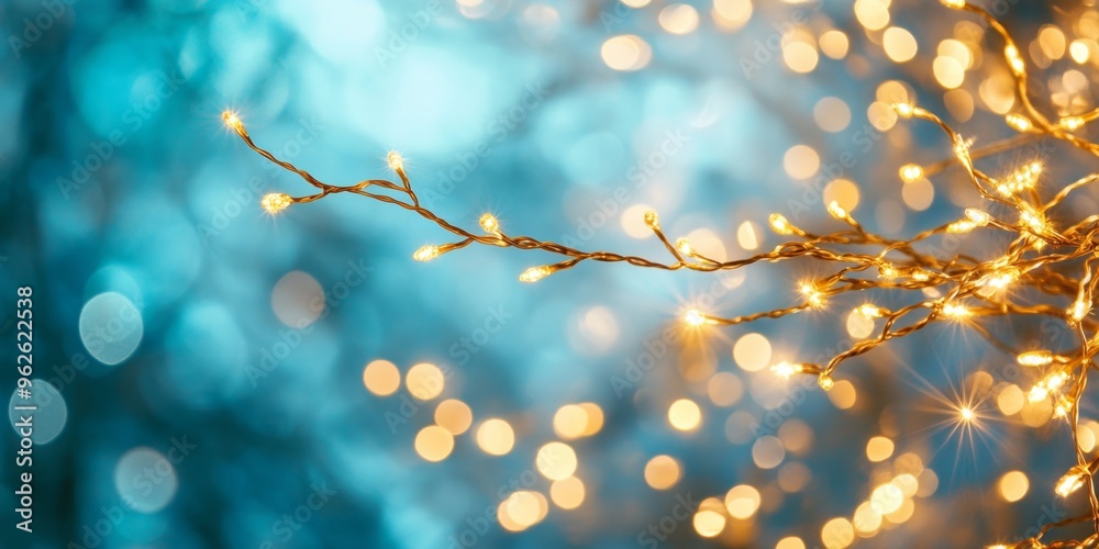 Fototapeta premium Christmas garland golden and blue colors. Glowing string lights with golden hues hang against a soft bokeh background,