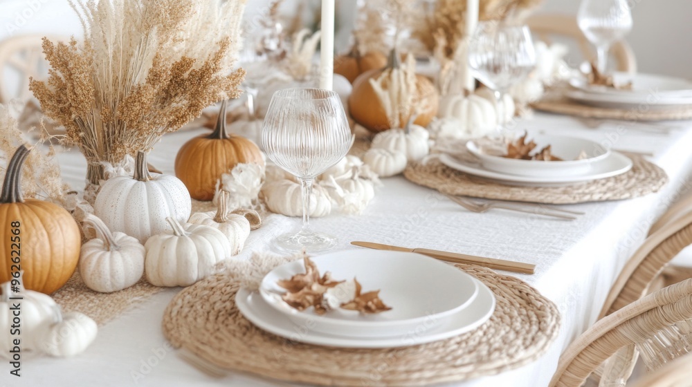 Rustic Autumn Table Setting with Pumpkins and Dried Flowers Rustic Autumn Table Setting with Pumpkins and Dried Flowers