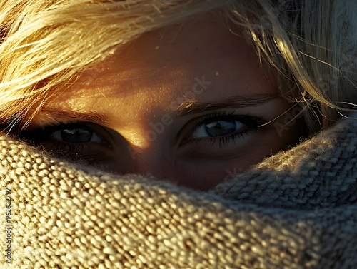 Woman s Blue Eyes Peeking Through Knitted Scarf photo