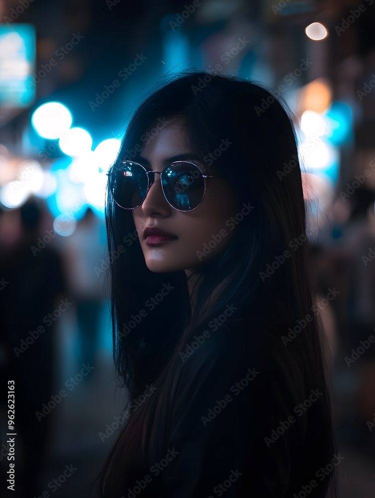 Woman with Sunglasses at Night in City Lights