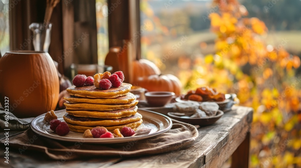 custom made wallpaper toronto digitalA Stack of Pumpkin Pancakes Topped with Raspberries