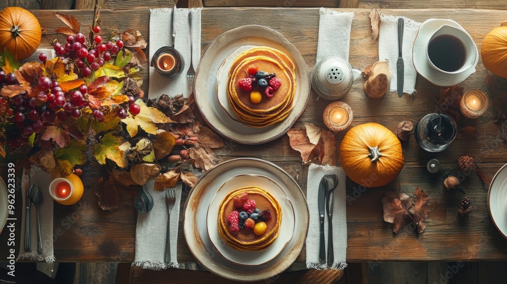 Autumnal Table Setting with Pancakes, Pumpkins, and Coffee Autumnal Table Setting with Pancakes, Pumpkins, and Coffee