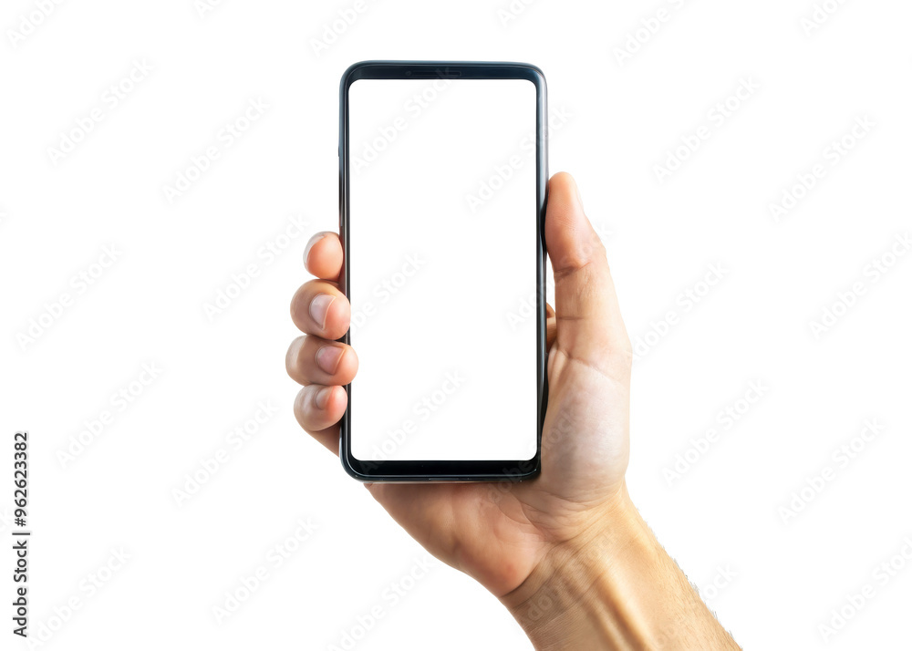 Close up hand hold Smartphone with Blank Screen Isolated on White Background Close up hand hold Smartphone with Blank Screen Isolated on White Background